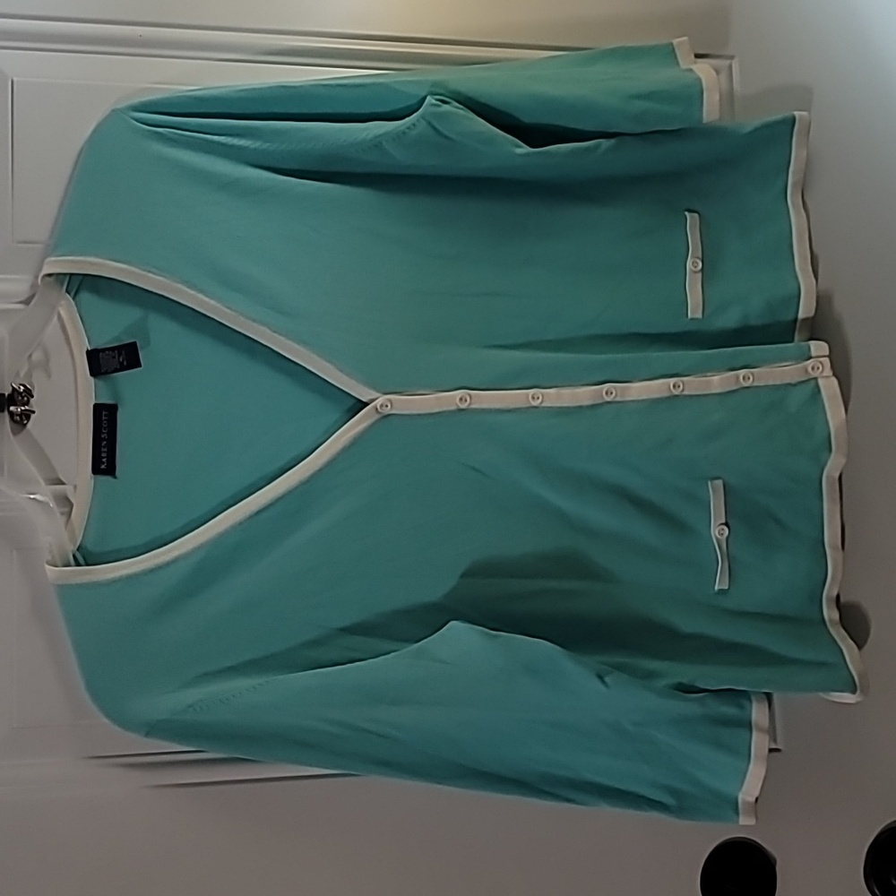 Karen Scott Tiffany Blue Cardigan with White Trim - Picture 3 of 8